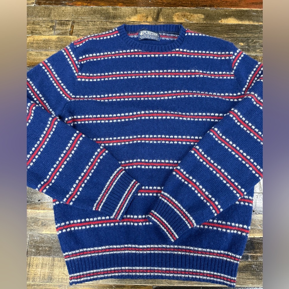 Vintage Puritan Shetland Wool Sweater Large Navy Red White Striped USA Made